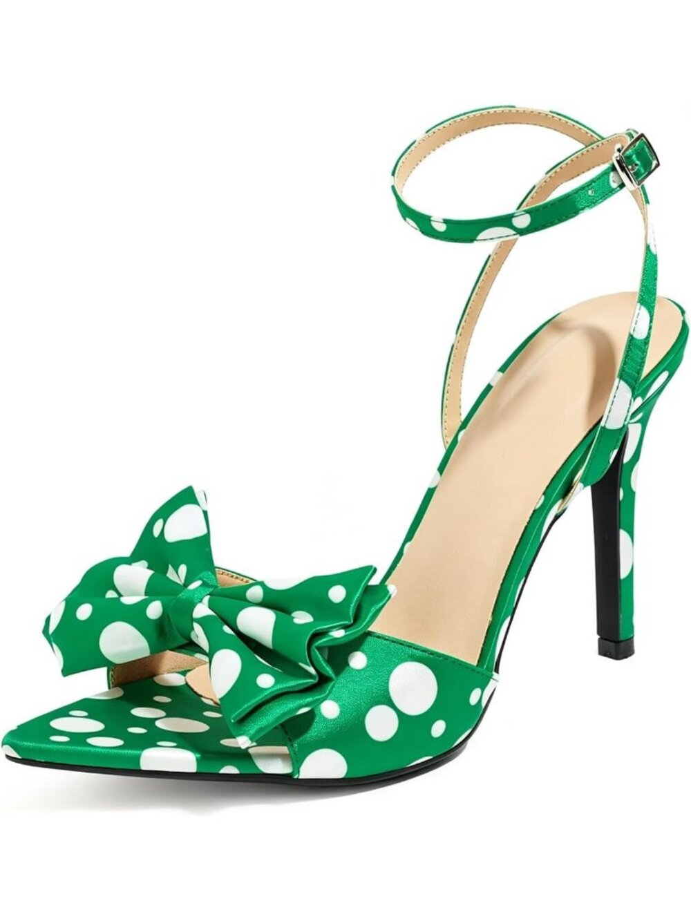 Women's Green Polka Dot Bow Stiletto Open Toe Adjust Ankle Strap Sexy High Heels